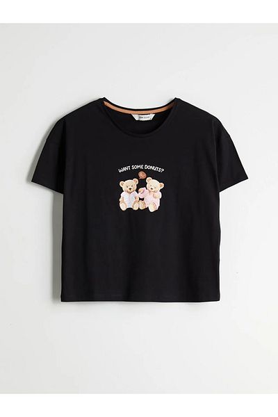 LC Waikiki Дамски комплект пижама с капри и капри с пълнеж от леща и щампа на мече LCW Young в черно