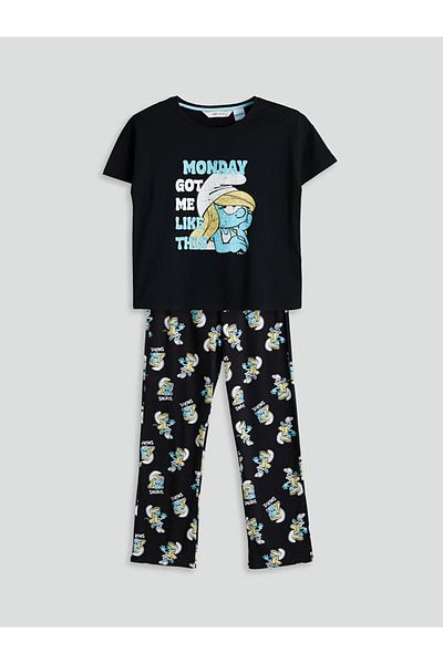 LC Waikiki Set pijamale pentru femei LCW Young Black Smurfs imprimat