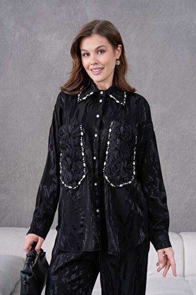 Miss Allos Дамска жакардова риза и панталон отпред с джобове и бродирани камъни, долна част и горен комплект