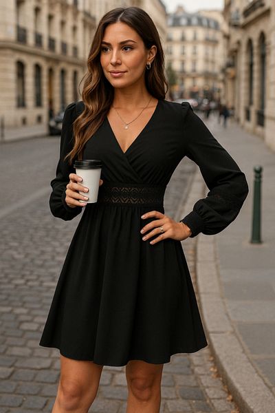 MRA Fashion Women's Long Sleeve Double Breasted Collar Lace Zipper Detailed Short Imported Crepe Dress