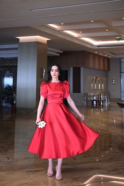 GNRDESİGN Red Misha Flared Skirt Short Lotus Sleeve Boat Neck Evening Dress/Gown