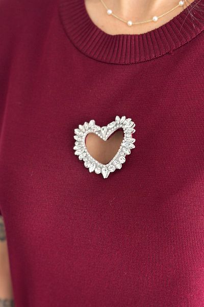 FEMELLE Women's Burgundy Standard Size Heart Stone Accessory Detailed Short Sleeve Cotton Slim Stone Knitwear Blouse