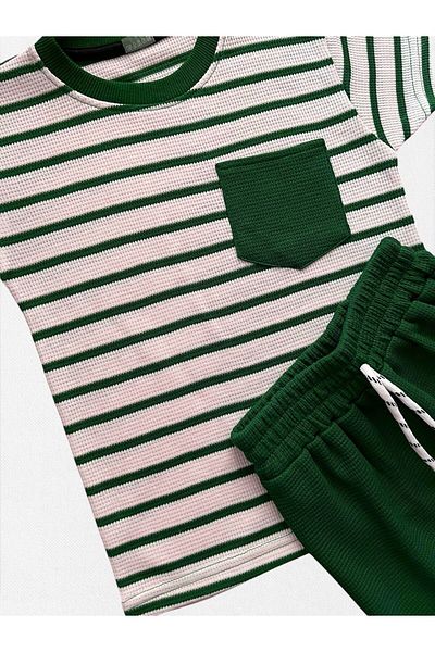 Fil Kids Boy's 100% Cotton White Green Striped Pocket Waffle Fabric Short Sleeve Shorts Summer Suit