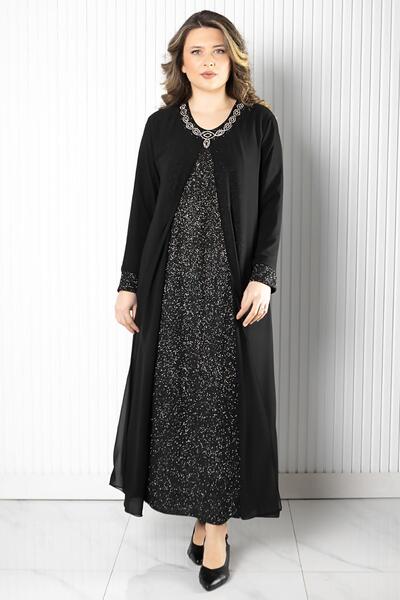 SUBU TASARIM Камінь Друк Детальний Шифон Вечірня Сукня Чорний TBSMDA2520