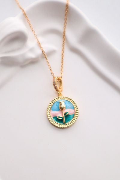 EFBUTİK Stainless Steel Gold Color Round Hologram Tulip Pattern Necklace