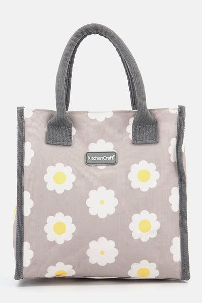 Kitchen Craft Retro Flower Pattern 4 Litre Insulated Tote Cool Bag 40 H x 26 L x 10 W cm, Grey/White Combo