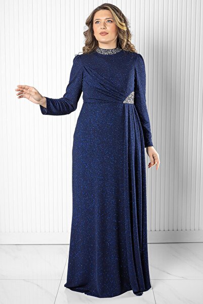 DENİMİNİ Taş Baskı Detay Simli Abiye Lacivert DNM2523