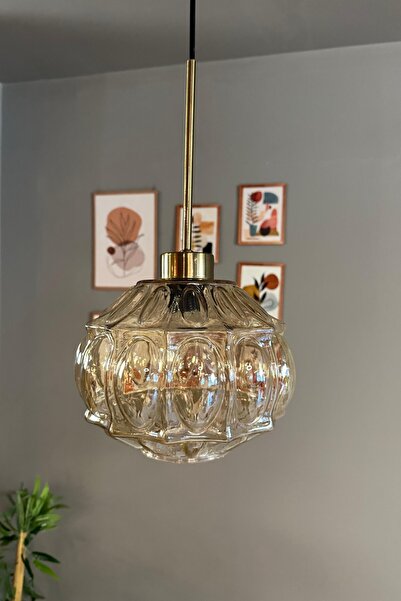 Bamyum Şila Cam Bal Rengi Tekli Avize İnce Eskitme Başlık Retro Sarkıt Lamba Salon Aydınlatma