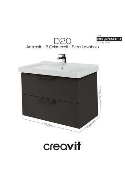 Creavit D20 80 Cm İki Çekmeceli Lav. Dlb. Antrasit Melamin