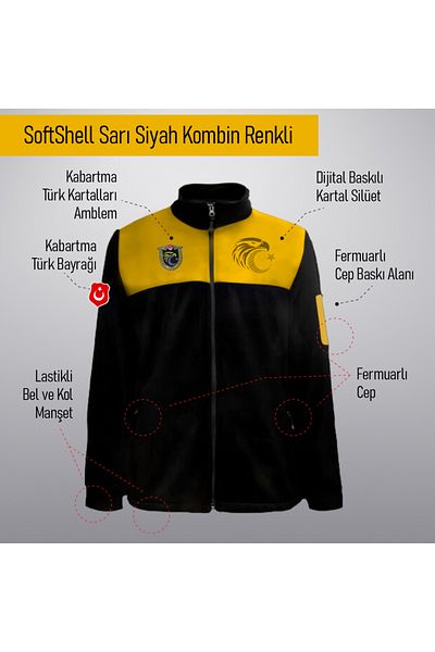 Crea Eymer Wear Σχέδιο Τουρκικών Αετών χωρίς κολλήματα με πλήρη φερμουάρ Softshell Fleece Κίτρινο-Μαύρο Συνδυασμός Χρώμα