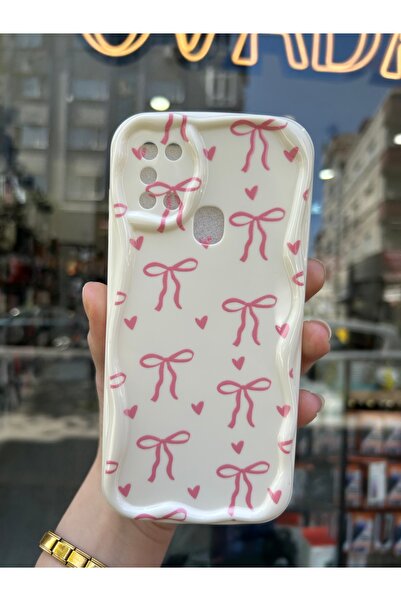 OVADA Samsung Galaxy A21S Uyumlu Kurdele Ve Kalp Desenli 3D Dalga Kenarlı Kamera Korumalı Kılıf
