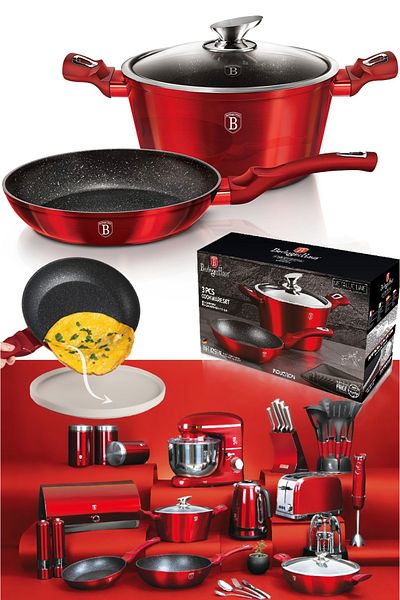 Berlinger Nonstick Cookware Set 3 Pcs Pot Pan Lid 24 Cm Burgundy Metallic Line