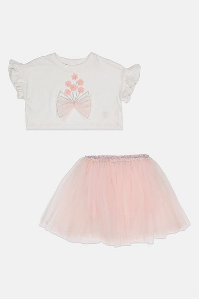 Miss Toddlers Girl Embroidered Top And Mesh Skirt Set, White/Pink