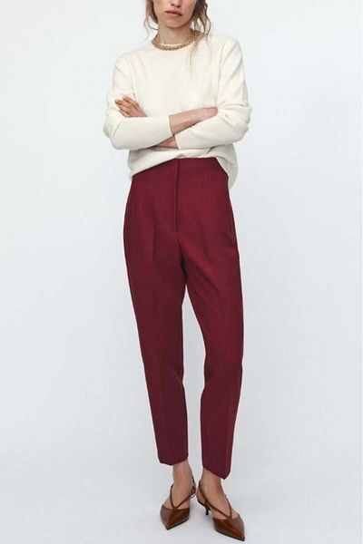 Madmext Burgundy Front Bias High Waist Women's Trousers Mg2425