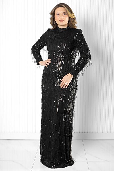 SUBU TASARIM Sequin Sequin Detailed Evening Dress Black Tbs2025