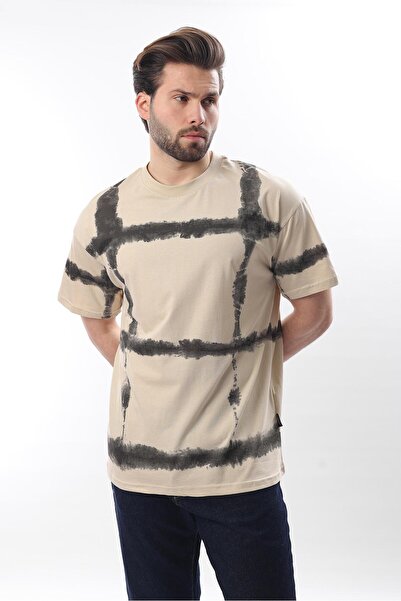 Madmext Beige Crew Neck Printed Basic Men's T-Shirt E7109