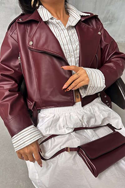 moda armanc Kemerli Bordo Crop Deri Ceket