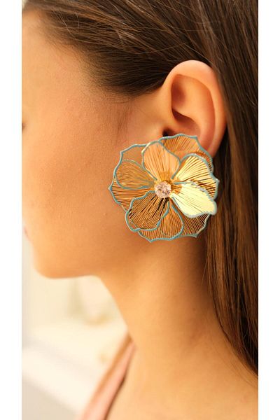 Jerie Gold Turquoise Enamel Three Dimensional Flower Earrings