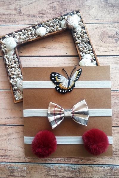 Panowill Design Baby Girl Pompom Bow Butterfly Hair Band Set Card Baby Gift