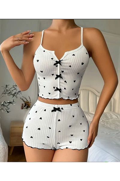 GAZANİGA Women's White Strappy Patterned Nightgown Pajama Shorts Set Bella