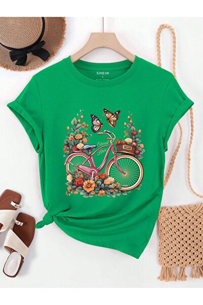 PENTHİLUS Bike and Butterfly Print T-Shirt, Graphic Tees Shirts for Women