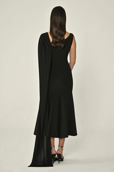 ALFABETA Şal Aksesuarlı Taşlı Krep Midi Abiye Elbise