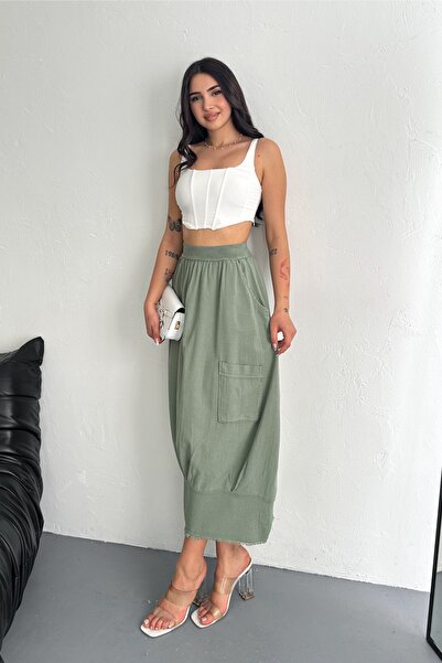 FEMELLE Women's Khaki Elastic Waist Double Pocket Skirt