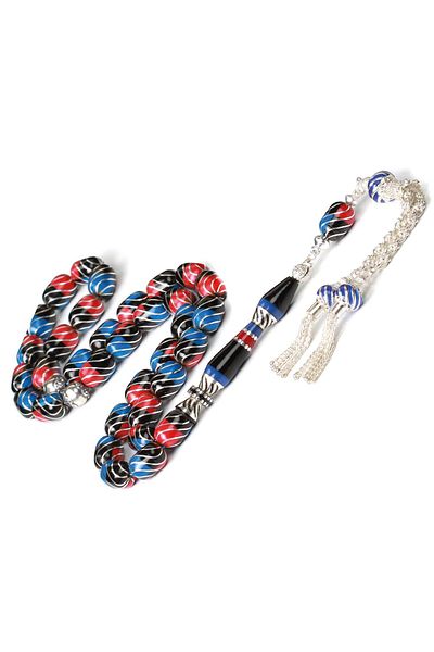 TESBİHCİBABA Nakkaş Claret Red Blue Silver Split Erzurum Oltu Stone Rosary