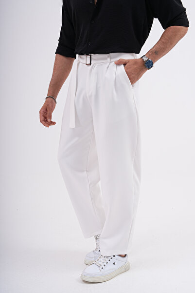 byata.style Seasonal Pleated Baggy Fit Pocket Belt Buckle Men's Fabric Trousers White
