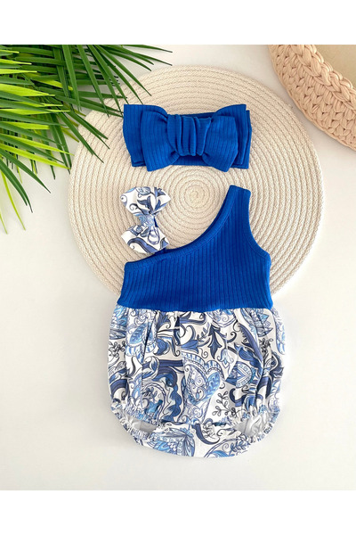 Jammybaby Shawl Print One Shoulder Camisole 100% Cotton Baby Girl Romper and XL Bandana Set