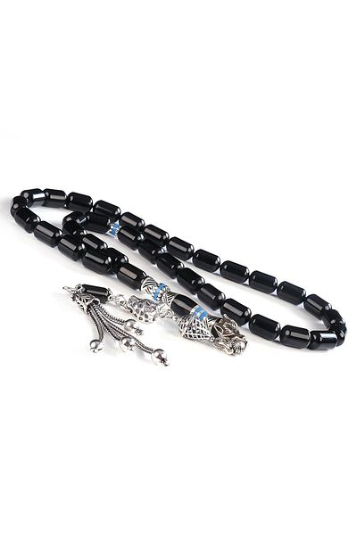 TESBİHCİBABA Black Pearl Wolf Head Nakkaş İmame Erzurum Oltu Stone Rosary