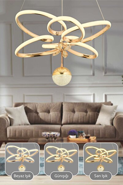 Capella Aydınlatma Felix Kumandalı 3 Renk Işık Özellikli Modern Gold Kaplama Sarkıt Led Avize Salon Avize