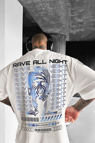 Millionaire Men's Ecru White Rave All Night Oversize Fit Loose Wide Fit Loose Cut T-Shirt