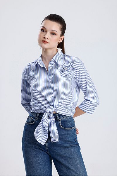 MD trend Women's Rose Detailed Front Tie Striped Shirt