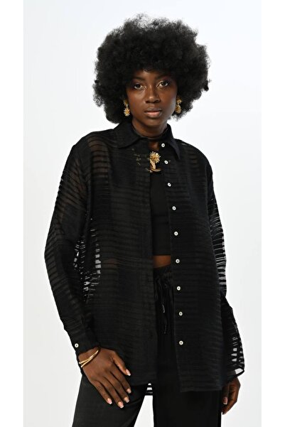 HİLALAKSESUAR10 Transparan Siyah Renk Desenli Oversize Kesim Şifon Gömlek