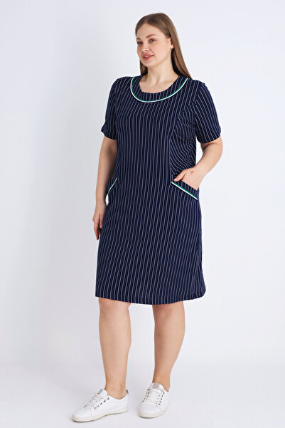 İntensive Women's Navy Blue Short Sleeve Connecting Rod Plus Size Cotton Dress