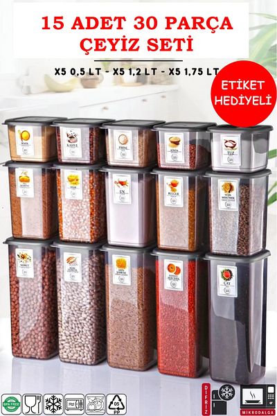 Markayolu 15 Pcs Storage Container Set of 30 Pieces - 1,75/1,2/0,5 Lt with Dowry X5
