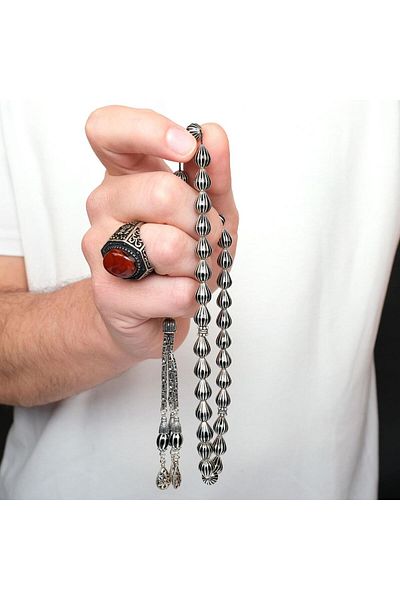 TESBİHCİBABA Eye Age Cut Silver Split Erzurum Oltu Stone Rosary