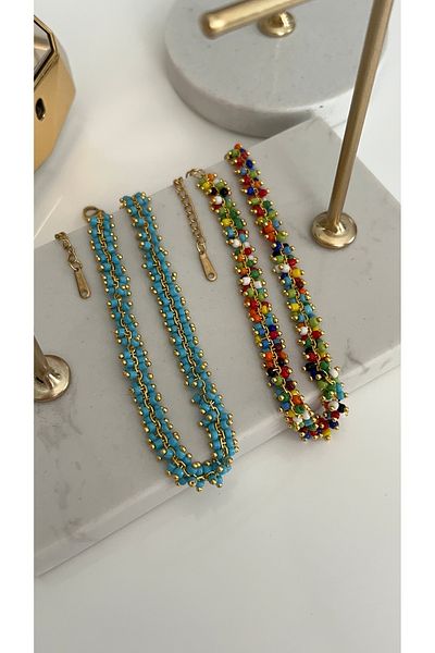 SU PERİSİ TAKI BİJUTERİ Steel Gold Blue Bead Anklet