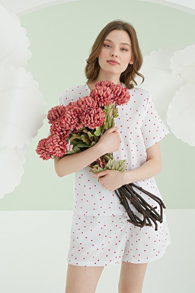 NBB %100 Pamuklu Kadın Ekru Kalpli Şortlu Önden Bağlamalı Şort Takım