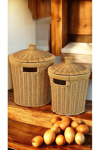 Bayev Large Size Wicker Basket Wicker Lid Potato and Onion Cooling Presentation Decorative Weaving and Washing Bushing