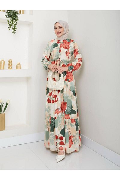 QUAWEAR Round Crew Neck Waist Lace up Shirred Full Length Dress
