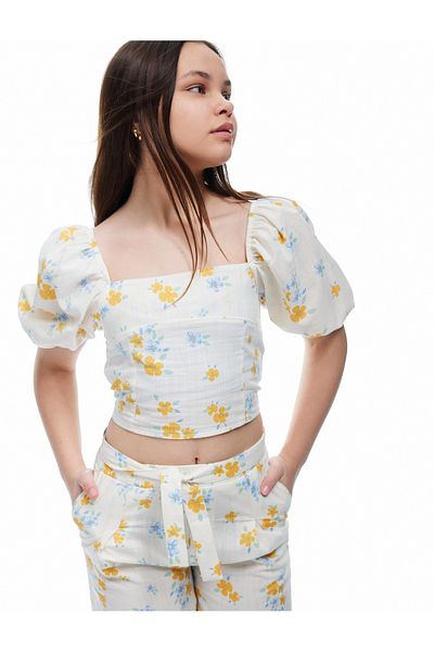 Koton Floral Pattern Cotton Square Neck Balloon Sleeve Crop Blouse