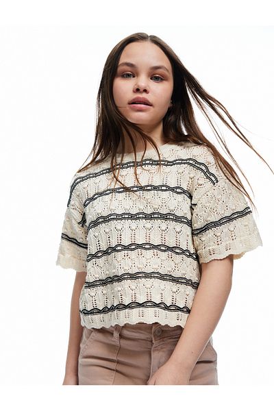 Koton Crew Neck Textured Short Sleeve Crop Sweater