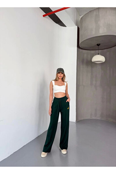 Kokosh moda Osy Modal Soft Textured Fabric Ebroidery Άνετη φαρδιά φούτερ παντελόνι - Μαύρο