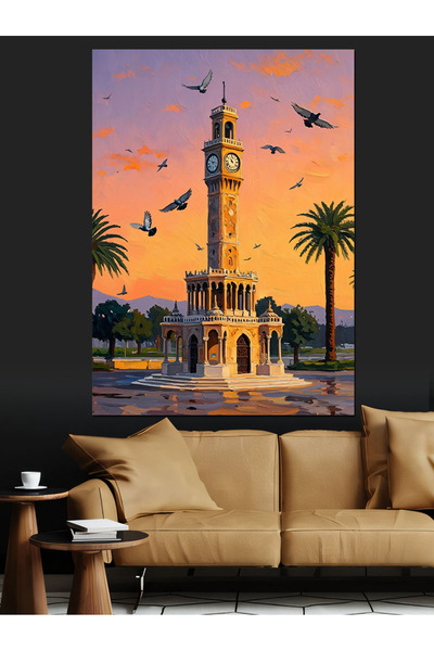 KanvasSepeti Turnulul Ceasului din Izmir la apus de soare Pictură în ulei Texturată Pânză de înaltă calitate Pictură pe pânză 100 x 70 cm