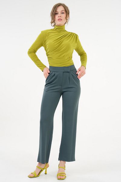 Saade Petrol Velcro Detailed Pleated Palazzo Knitted Trousers