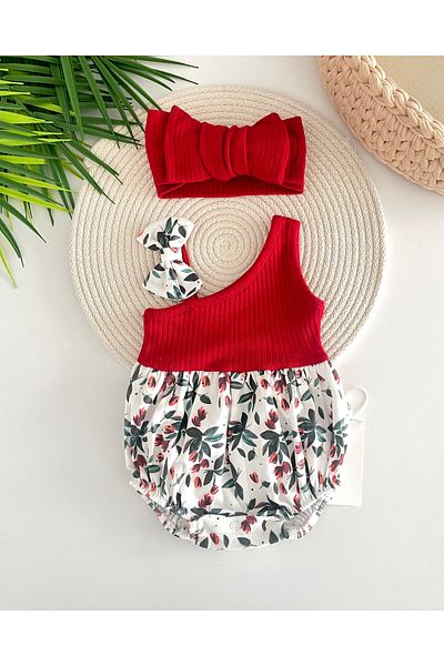 Jammybaby Kokina Flower Patterned One Shoulder Camisole 100% Cotton Baby Girl Romper and XL Bandana Set