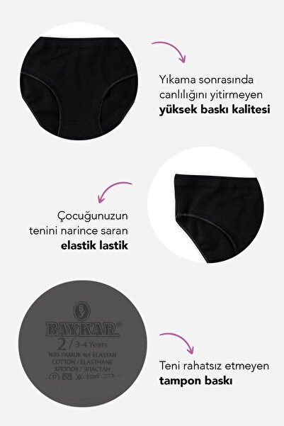 BAYKAR Bikini din bumbac și lycra pentru fetiță, slip de bază simplu, pachet de 6 5005 negru