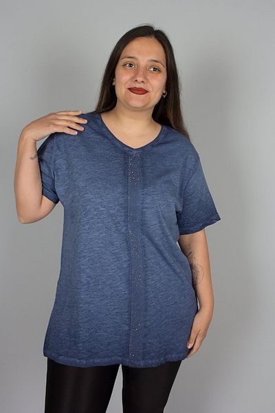 Truva XXL Large Size Washed Front Stone Embroidered Cotton Blouse